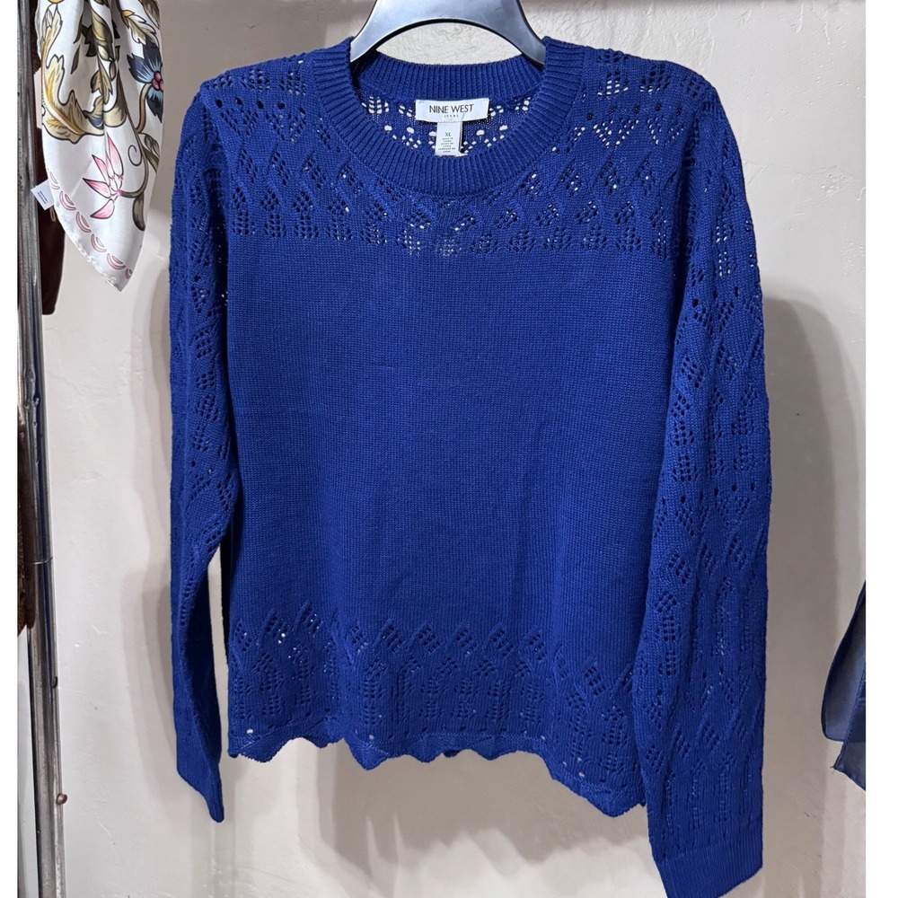 Nine West Jeans Royal Blue Pointelle Knit Sweater XL NWT Scalloped Hem Crew Neck